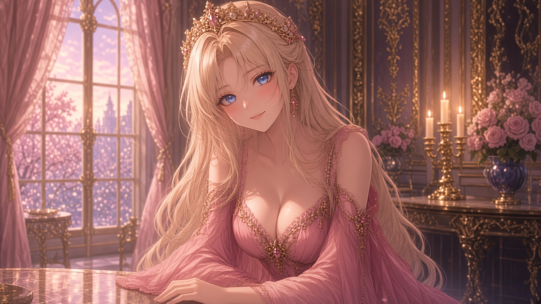 Mika wearing a pink dress and crown in a sunlit room.