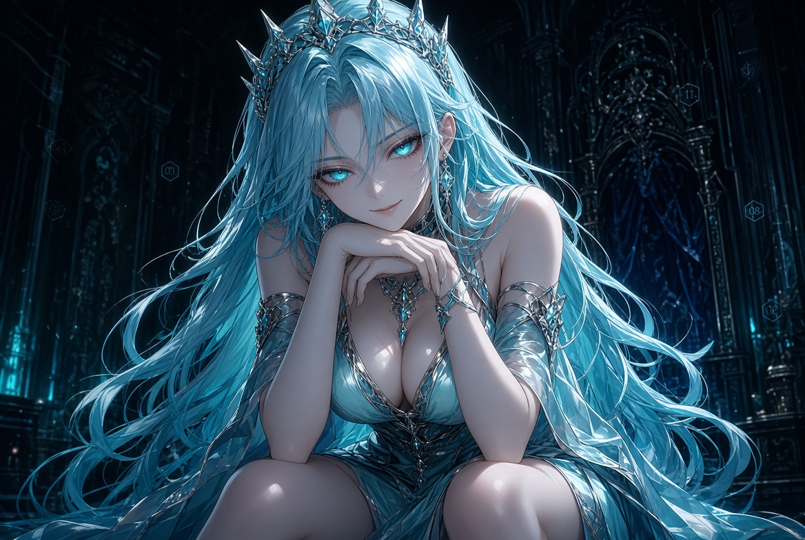 Nora wearing a silver crown in a blue-lit hall.