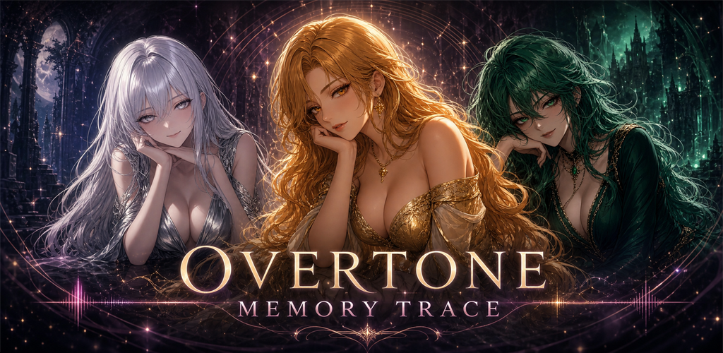 Overtone: Memory Trace artwork featuring three characters in an illuminated fantasy setting.